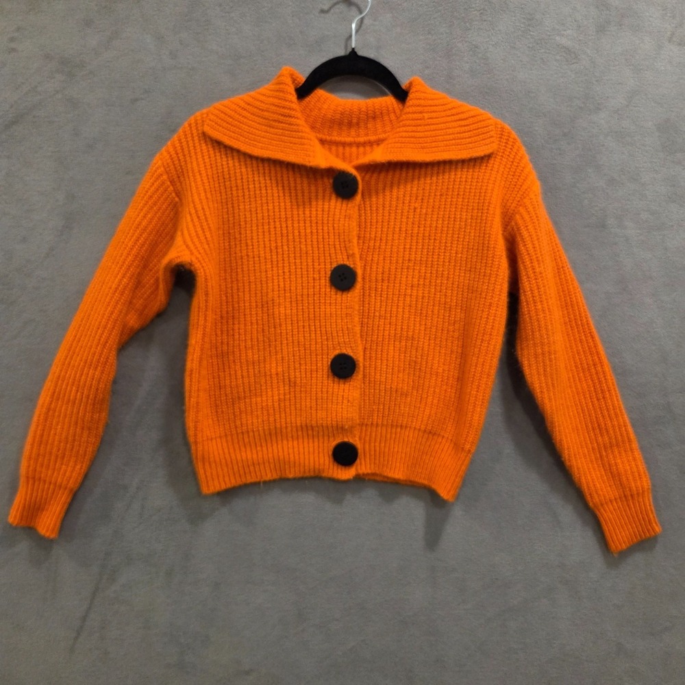 Orange Button Up Collared Cardigan Sweater Womens No Size Tag Comfy Cozy Casual